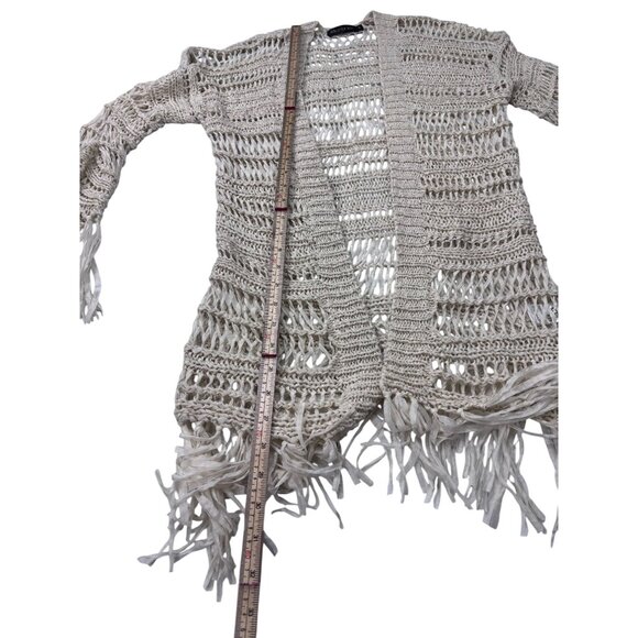 Crochet Open Front Fringe Cardigan Sweater By Kiwitucker S 100% Cotton Beige Lig - Picture 7 of 12